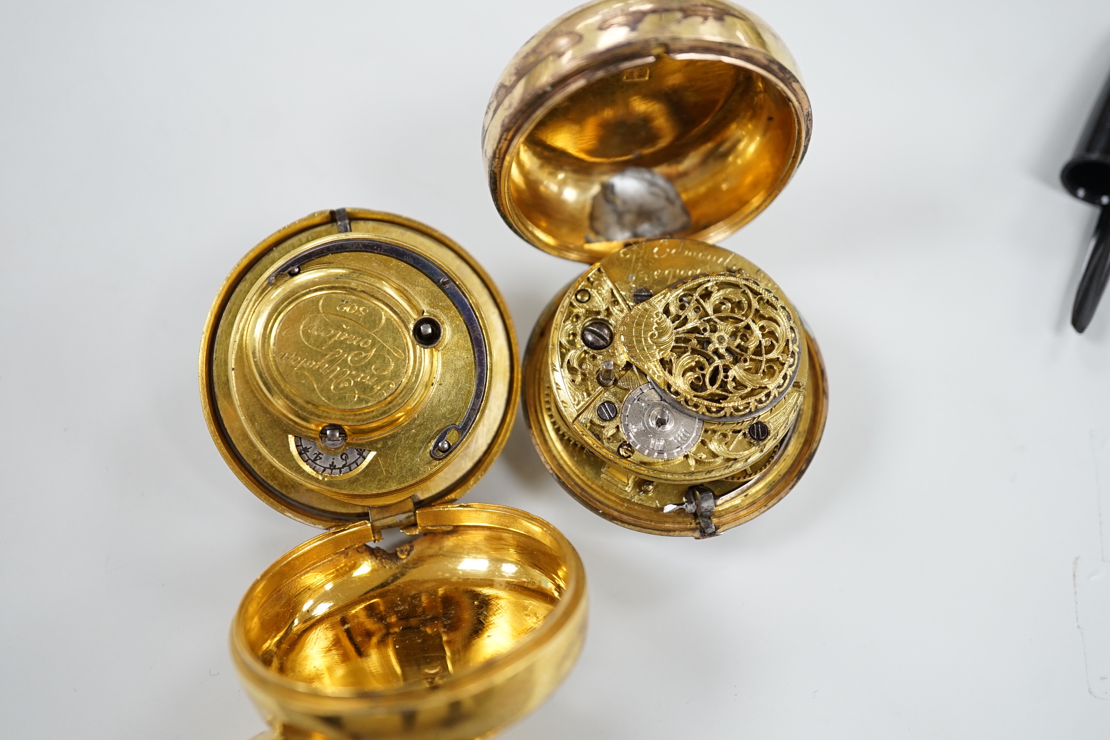 An 18th century gilt metal pair cased keywind verge pocket watch, by Frank Upjohn of London (a.f.) and a similar pocket watch by J. Edmond of Liverpool.